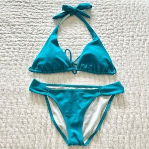 Victoria’s Secret Solid Turquoise Blue Halter Bikini Set Size L Top Bottom